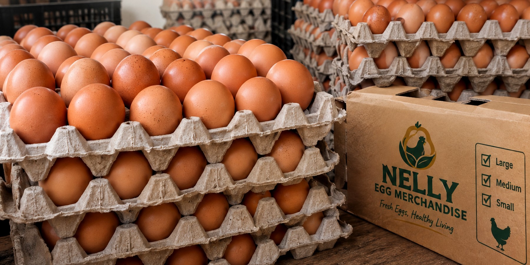Fresh brown farm eggs in trays